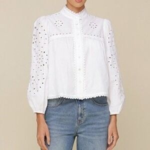 Avec Les Filles White Eyelet Button-Front Blouse